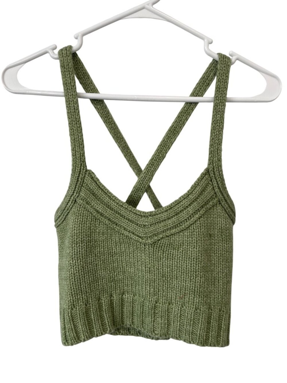 Crescent Cropped Tank Top Small Sleeveless Ribbed Knit Sage Green Wool Trendy